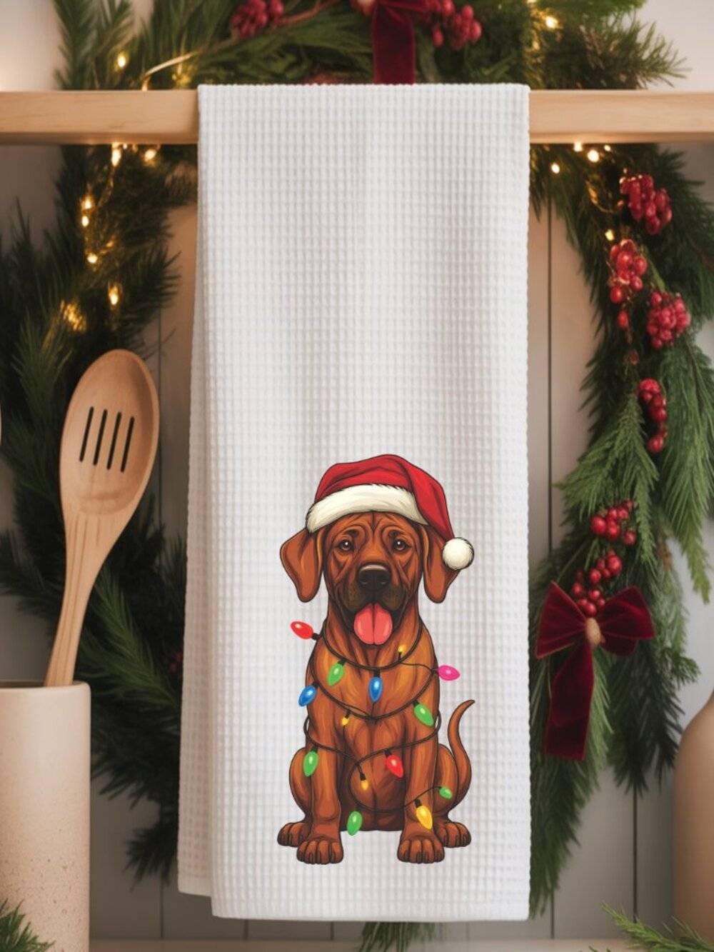 Rhodesian Ridgeback Christmas Lights Decorative Kitchen Tea Towel